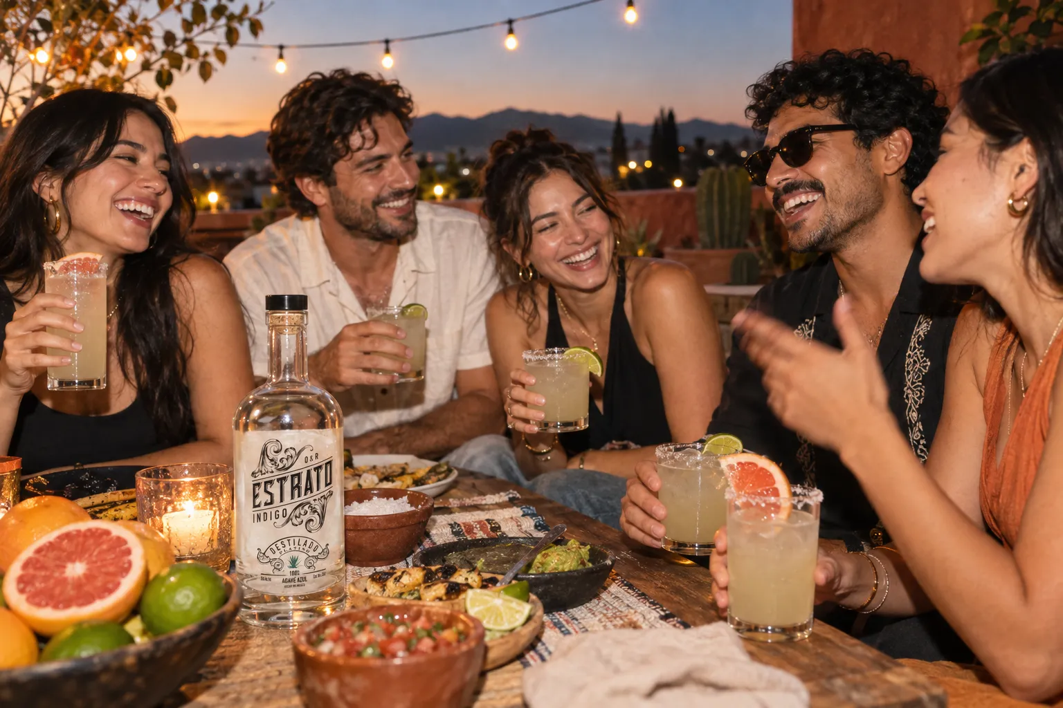 Friends sharing Estrato margaritas around a rooftop dinner table at golden hour